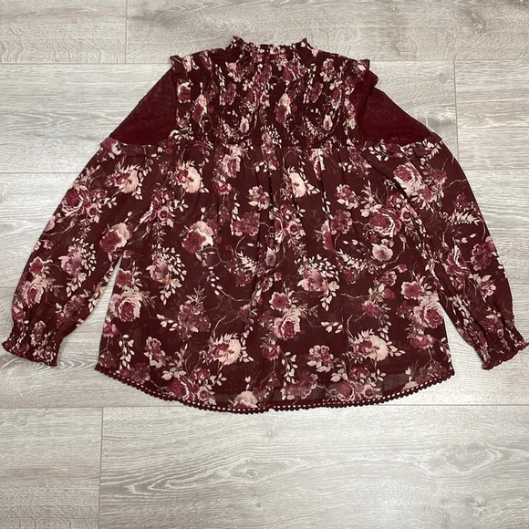 Skylar & Jade Burgundy Sheer Floral Long Sleeve Blouse Lace Ruffle Detail S - Picture 6 of 12